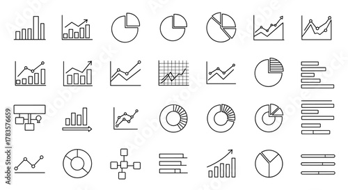 Diverse collection of outline icons representing various business and data visualization charts, including bar graphs, line charts, pie charts, progress bars, and flow diagrams, perfect for