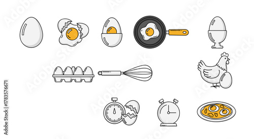 Collection of stylized vector cartoon illustrations related to eggs, featuring whole eggs, cracked eggs, fried eggs in a pan, eggs in a carton, a chicken with an egg, egg cups, a whisk, and timers