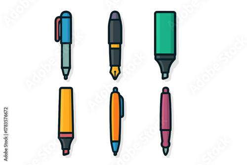 Assortment of colorful writing tools including fountain pens, ballpoint pens, and highlighters