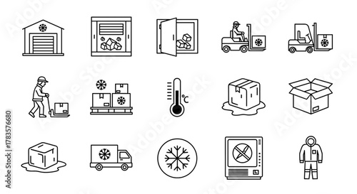Freezer Warehouse Line Icon Collection: A comprehensive set of outline signs and symbols representing cold storage, logistics, and temperature control, perfect for graphic design, web development