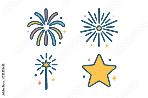 Colorful abstract celebration icons featuring fireworks bursts, a glowing star, and a festive sparkler