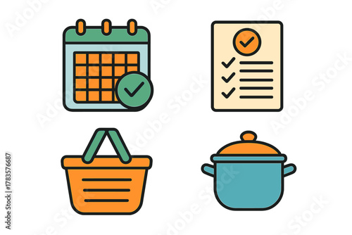 Essential icons for daily planning and domestic life featuring calendar, checklist, shopping basket, and cooking pot