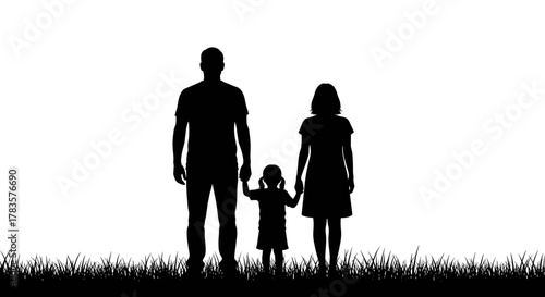 Silhouette of a happy family, parents holding hands with their child, standing on grass against a white background. Simple vector illustration representing family unity, love, and togetherness