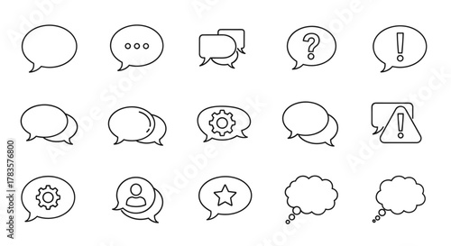 A collection of 15 outline speech bubble icons, including standard chat bubbles, question marks, exclamation points, gears, user profiles, stars, and thought bubbles, perfect for graphic and web