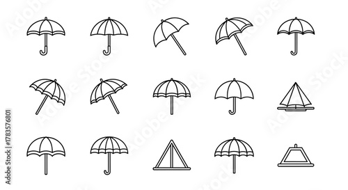 Collection of simple, isolated line icons representing parasols, sunshades, and umbrellas, perfect for web sites, books, cards, and apps, offering protection from sun and rain, with editable strokes