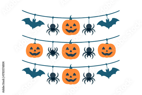 Hanging Halloween banner with pumpkins bats and spiders for holiday