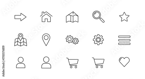 A clean and modern linear icon set featuring essential navigation elements like arrows, home, map, search, star, location pin, gears, menu, user profiles, shopping carts, and a heart symbol, all
