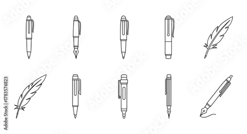 Collection of diverse writing instruments, including fountain pens, ballpoint pens, and quill pens, presented as clean line art icons on a white background, symbolizing writing, creativity, and