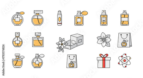 Set of 15 perfume bottle icons, including various shapes and sizes, a perfume box, a flower, a shopping bag, a gift box, and an atom symbol, all rendered in a clean, modern line art style with a