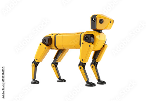 Yellow robotic quadruped dog with articulated legs, camera sensors and industrial mechanical design aesthetic