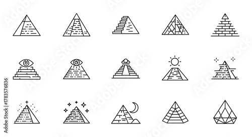 Collection of stylized pyramid line icons, featuring Egyptian and Mayan architectural elements, celestial bodies like the sun and moon, and symbolic representations such as the Eye of Providence