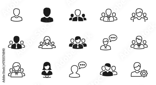 Collection of flat black people icons on a white background, representing diverse individuals and groups, ideal for business, technology, and social media applications, symbolizing teamwork