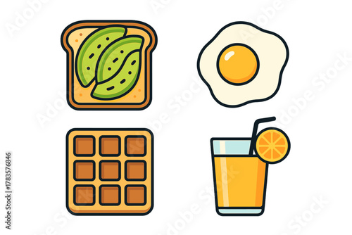 Four healthy breakfast food icons: avocado toast, fried egg, waffle, and orange juice
