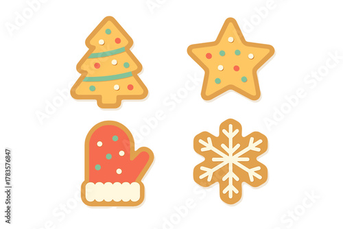 Assortment of festive holiday gingerbread cookies including a tree, star, mitten, and snowflake shapes