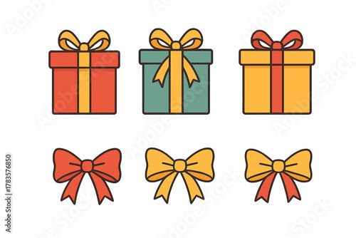 Collection of festive gift boxes wrapped with ribbons and separate decorative bows