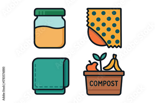 Eco-friendly zero waste lifestyle items: reusable food storage jar, beeswax wrap, cloth, and compost bin