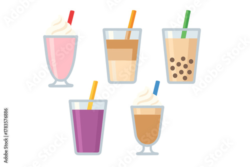 Colorful cold drinks with straws and sweet toppings assortment