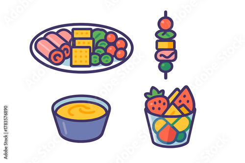 Colorful set of party appetizers and snacks featuring meat rolls, fruit salad, and dipping sauce