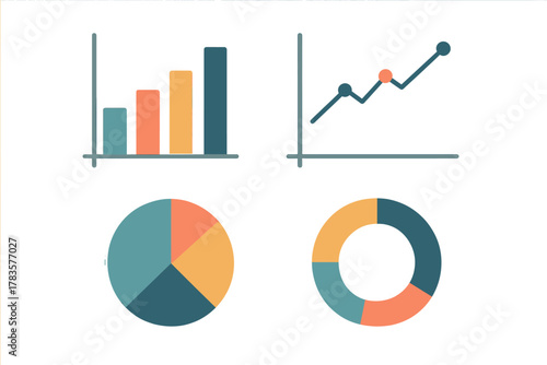 Four colorful business data charts including bar graph and line chart