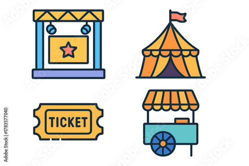 Colorful set of carnival and circus entertainment icons featuring tent stage ticket and food cart
