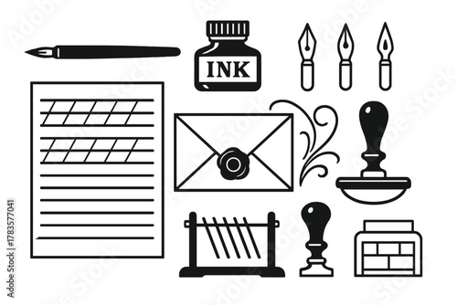 Vintage writing and correspondence tools collection with ink, nibs, paper, and wax seals