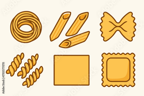 Set of common dry pasta shapes icons including rotini, penne, farfalle, and ravioli