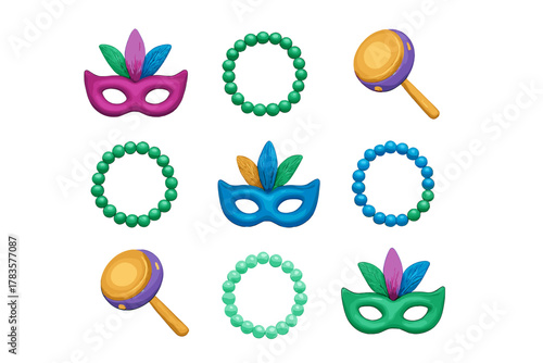 Vibrant Mardi Gras celebration set with masks, colorful beaded necklaces, and musical maracas