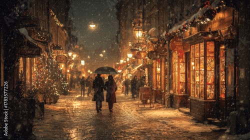 Romantic Winter Evening in a Festive Christmas City