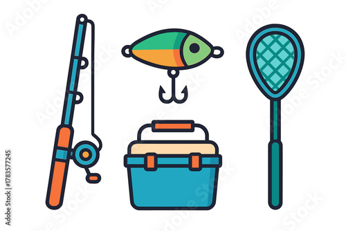 Essential fishing gear set including rod, reel, lure, tackle box, and landing net