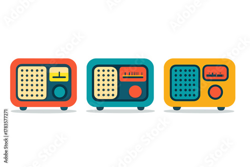 Three brightly colored retro style portable transistor radios lined up horizontally