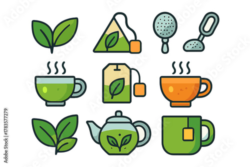 Set of stylized icons for green tea preparation and serving process