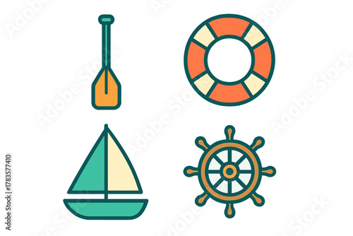 Colorful nautical set featuring a paddle, life preserver, sailboat, and ship helm
