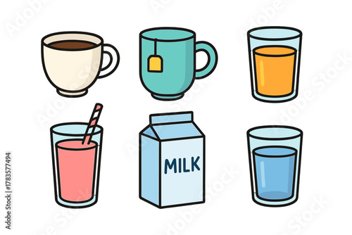 Assorted beverage icons: coffee, tea, juice, smoothie, milk, and water symbols