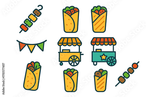 Set of colorful street food icons featuring wraps kebabs and mobile carts