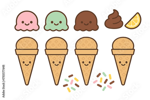 Cute cartoon ice cream scoops and waffle cones set with toppings and sprinkles