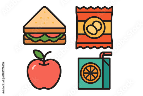 Set of common school lunch items including sandwich chips and juice box