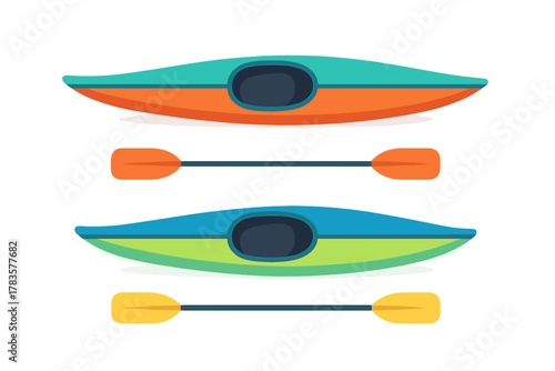 Set of two colorful kayaks and paddles for water sports and outdoor recreation activities