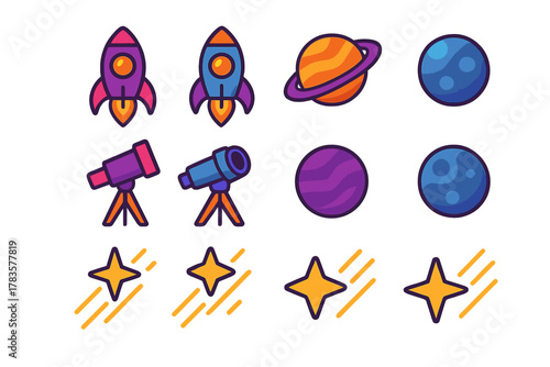 Vibrant set of space exploration symbols featuring rockets and astronomical instruments
