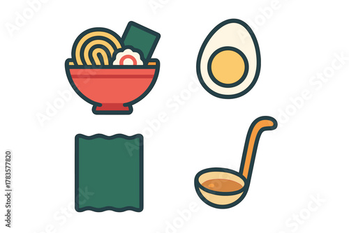 Stylized graphic icons featuring a ramen bowl, boiled egg, nori seaweed, and soup ladle