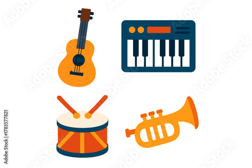 Acoustic guitar electronic keyboard drum and trumpet musical instruments set