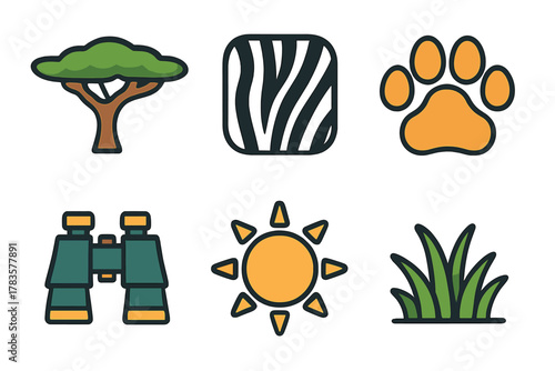 Set of safari and wildlife observation icons featuring nature elements