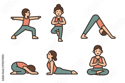 Six fundamental yoga postures including warrior, tree, downward dog, cobra, child's, and seated poses