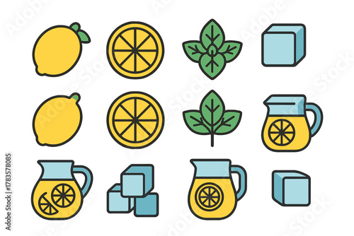 Lemonade ingredients icons set featuring citrus fruit and fresh mint leaves
