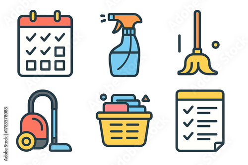 Household cleaning and chore icons for scheduling tasks and home maintenance