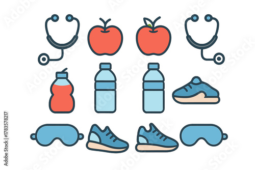 Essential symbols representing healthy lifestyle, fitness, and medical checkups