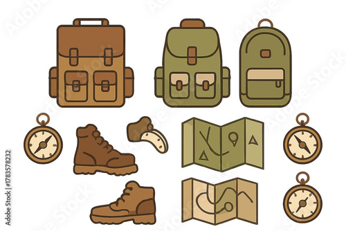 Set of essential hiking and camping equipment icons featuring backpacks boots compass and map