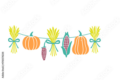 Colorful autumn harvest garland banner featuring pumpkins, corn, and wheat sheaves with decorative bows