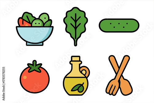 Collection of colorful food icons representing fresh salad ingredients and serving tools