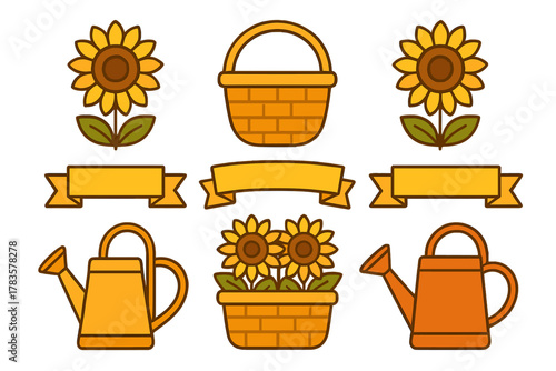 Stylized icons of sunflower, basket, banner, and watering can for design