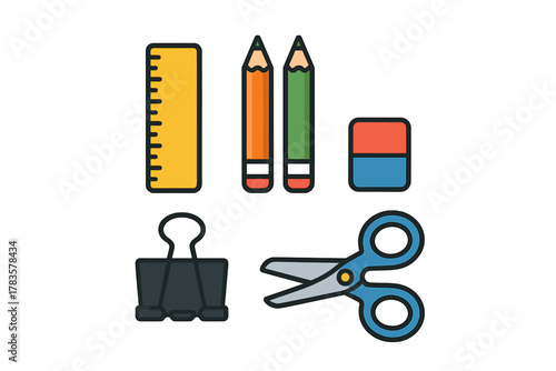 Colorful school stationery supplies icons for education and work